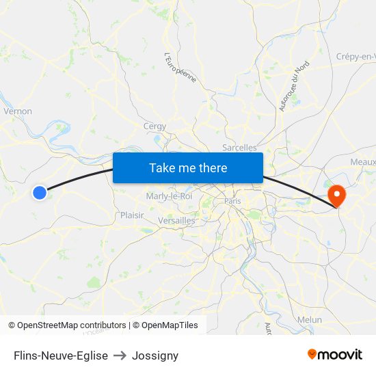 Flins-Neuve-Eglise to Jossigny map