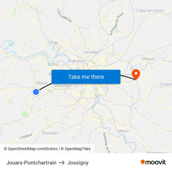 Jouars-Pontchartrain to Jossigny map