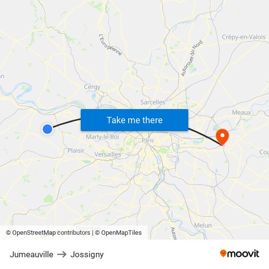 Jumeauville to Jossigny map