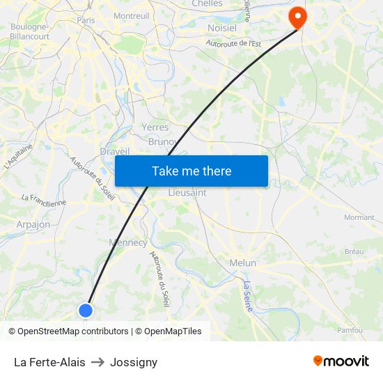 La Ferte-Alais to Jossigny map