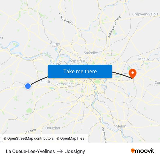 La Queue-Les-Yvelines to Jossigny map