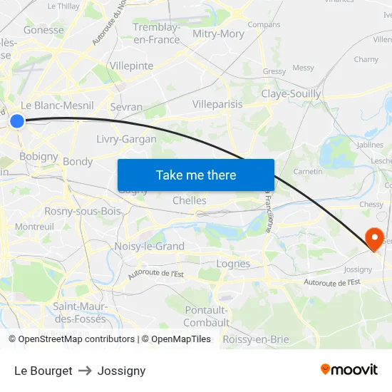 Le Bourget to Jossigny map