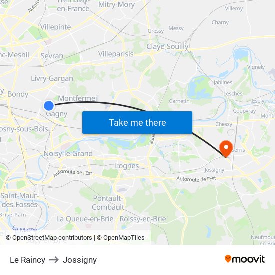 Le Raincy to Jossigny map