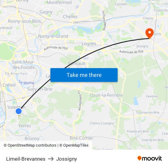 Limeil-Brevannes to Jossigny map