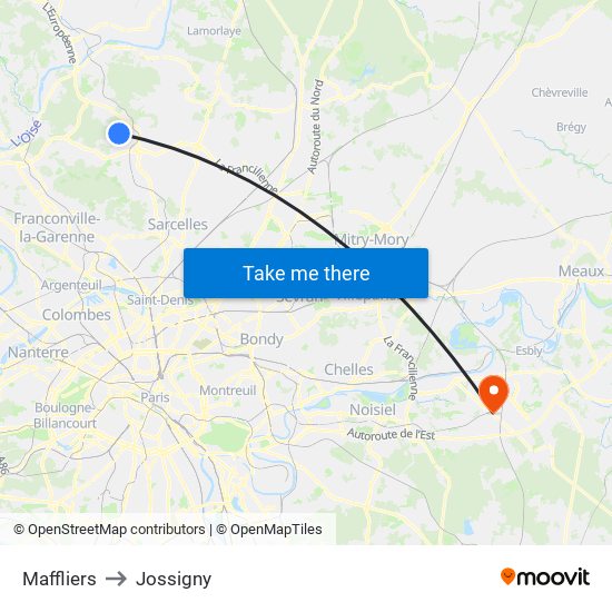 Maffliers to Jossigny map