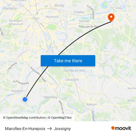 Marolles-En-Hurepoix to Jossigny map