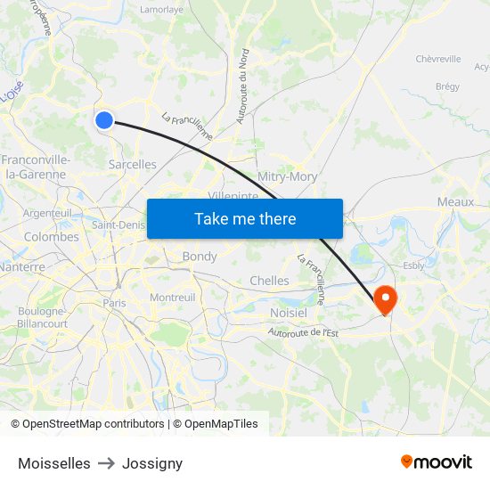 Moisselles to Jossigny map