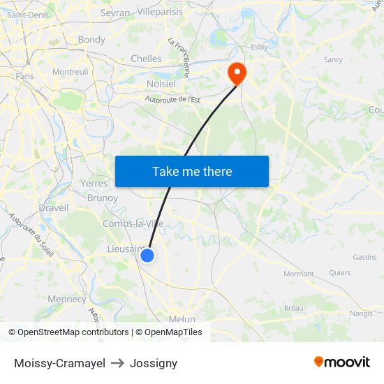Moissy-Cramayel to Jossigny map