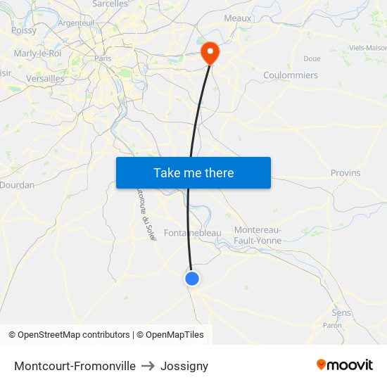 Montcourt-Fromonville to Jossigny map