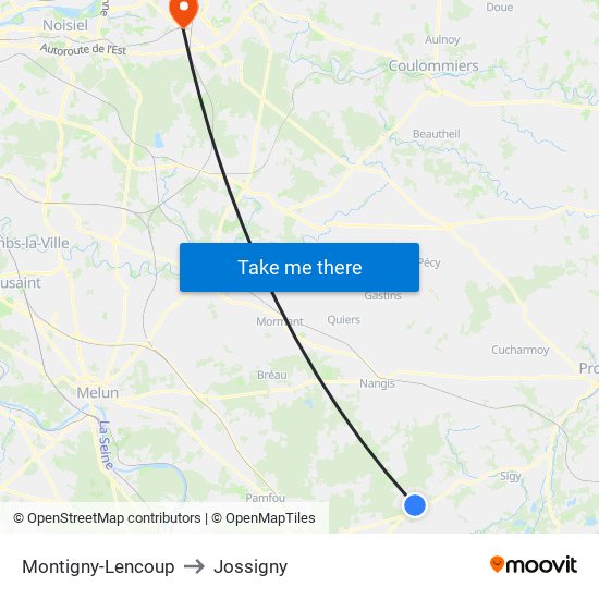 Montigny-Lencoup to Jossigny map