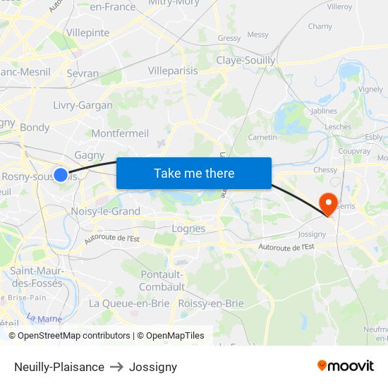Neuilly-Plaisance to Jossigny map