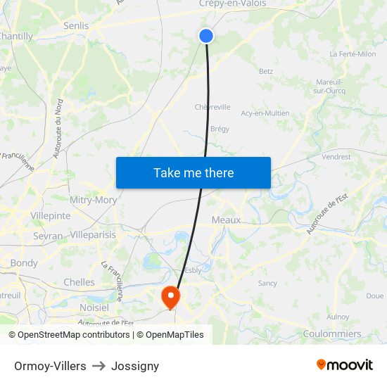 Ormoy-Villers to Jossigny map