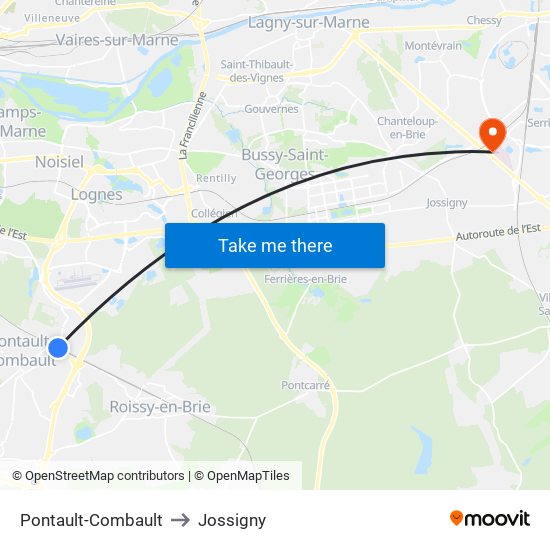 Pontault-Combault to Jossigny map