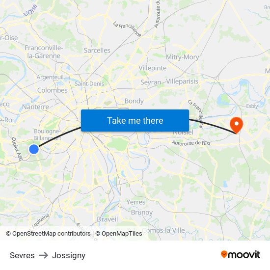 Sevres to Jossigny map