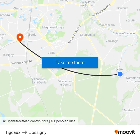 Tigeaux to Jossigny map