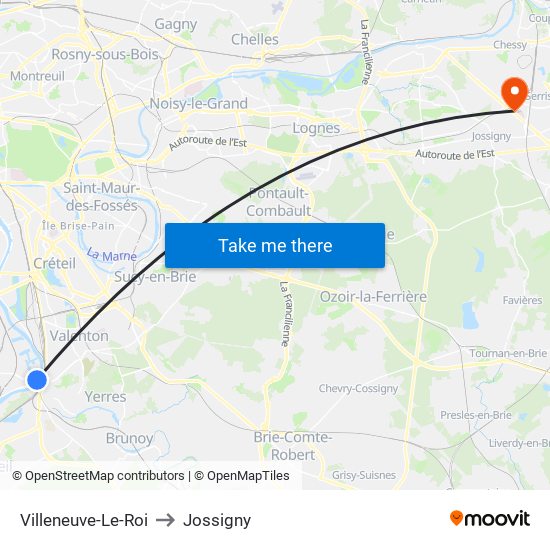Villeneuve-Le-Roi to Jossigny map