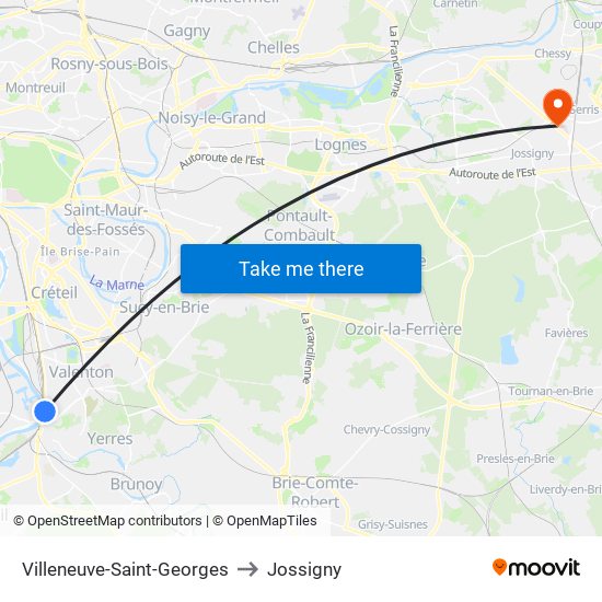 Villeneuve-Saint-Georges to Jossigny map
