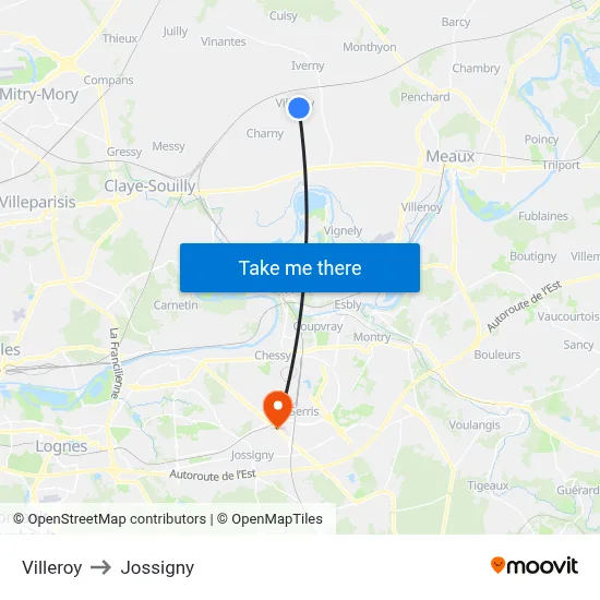 Villeroy to Jossigny map