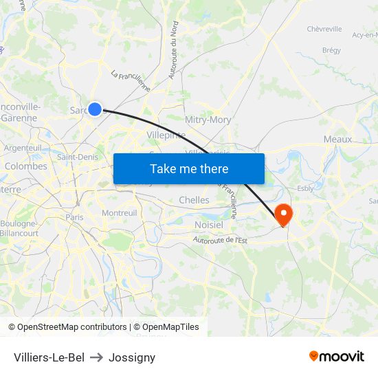 Villiers-Le-Bel to Jossigny map
