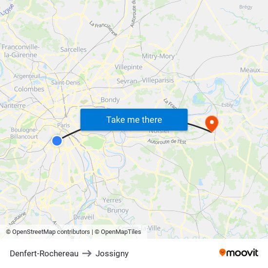 Denfert-Rochereau to Jossigny map