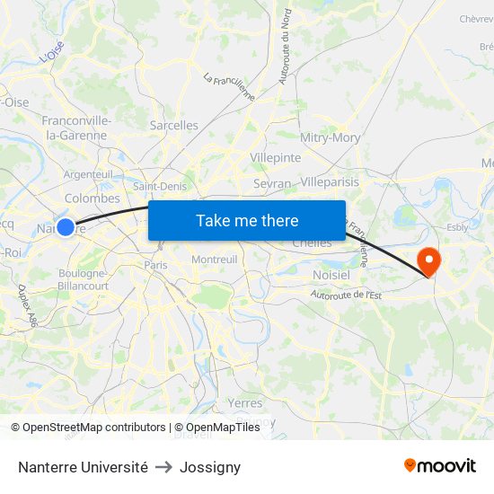 Nanterre Université to Jossigny map