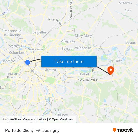 Porte de Clichy to Jossigny map