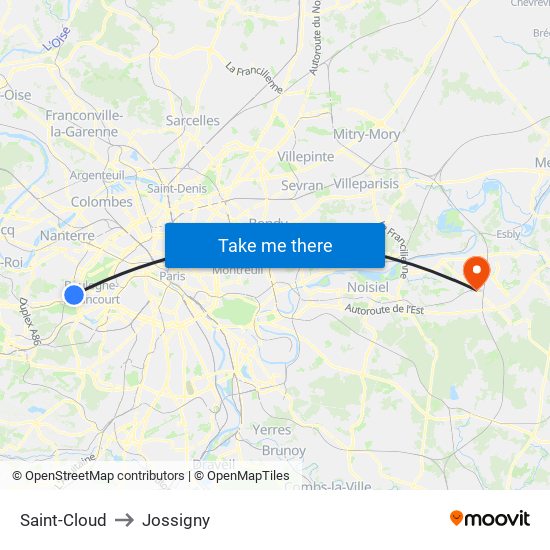 Saint-Cloud to Jossigny map