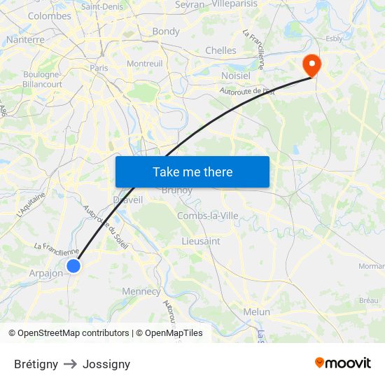 Brétigny to Jossigny map