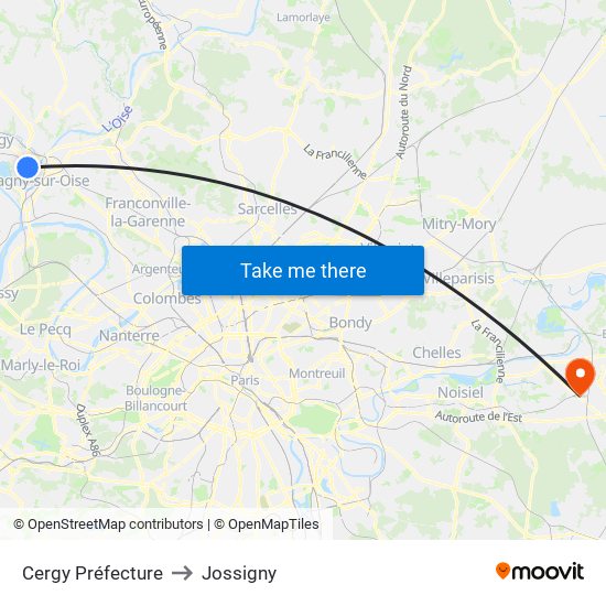 Cergy Préfecture to Jossigny map