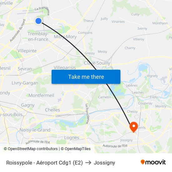 Roissypole - Aéroport Cdg1 (E2) to Jossigny map