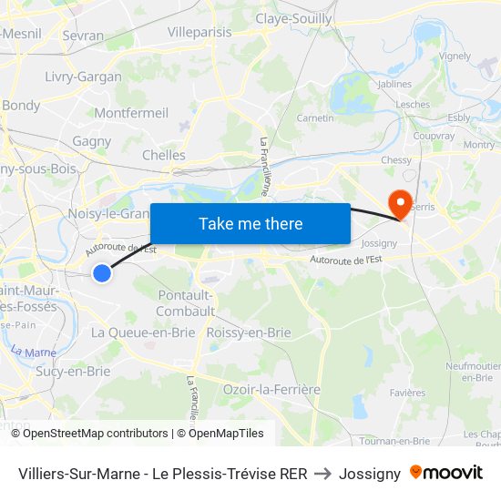 Villiers-Sur-Marne - Le Plessis-Trévise RER to Jossigny map
