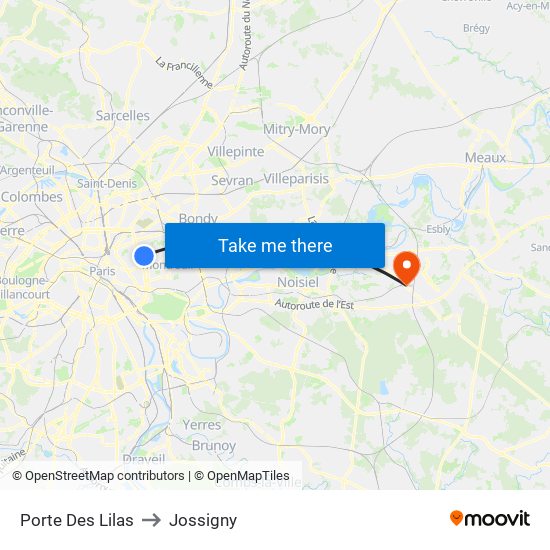 Porte Des Lilas to Jossigny map