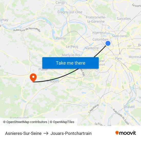 Asnieres-Sur-Seine to Jouars-Pontchartrain map