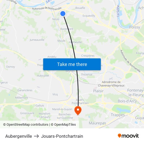 Aubergenville to Jouars-Pontchartrain map