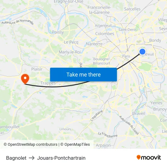 Bagnolet to Jouars-Pontchartrain map