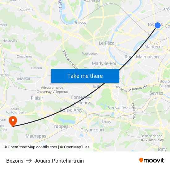 Bezons to Jouars-Pontchartrain map