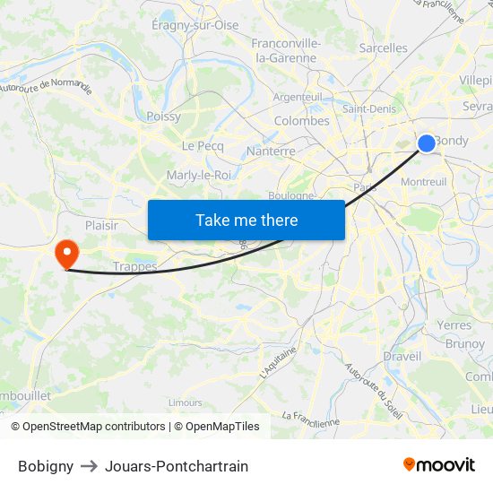 Bobigny to Jouars-Pontchartrain map