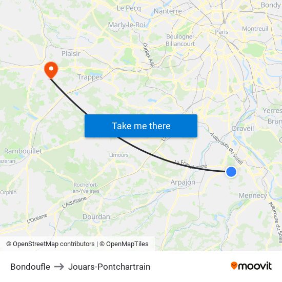 Bondoufle to Jouars-Pontchartrain map
