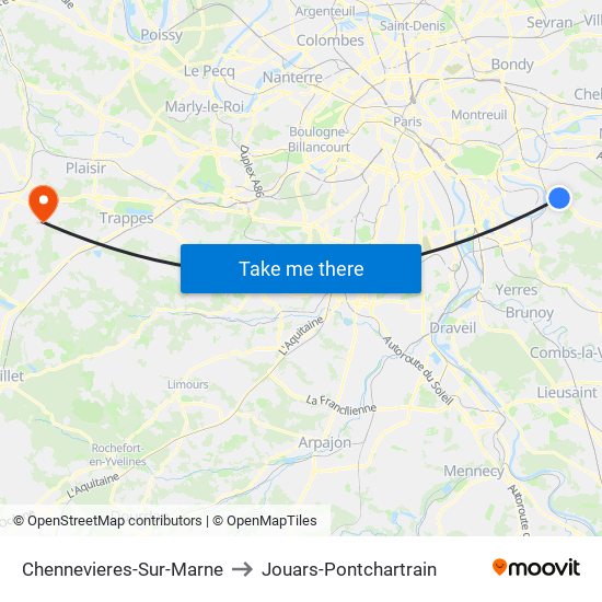 Chennevieres-Sur-Marne to Jouars-Pontchartrain map