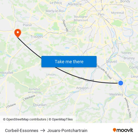 Corbeil-Essonnes to Jouars-Pontchartrain map