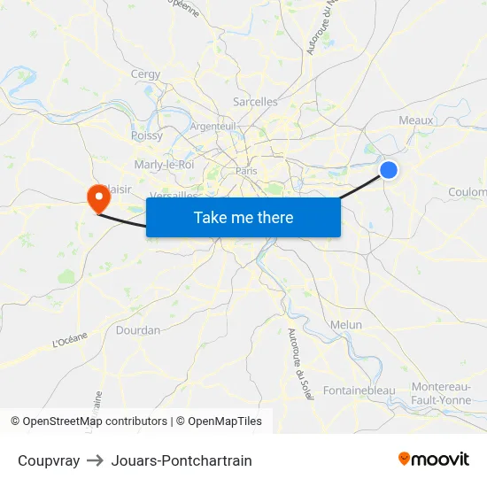 Coupvray to Jouars-Pontchartrain map