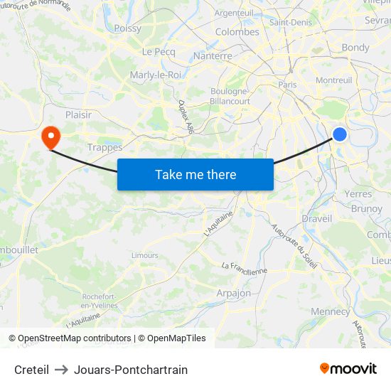 Creteil to Jouars-Pontchartrain map