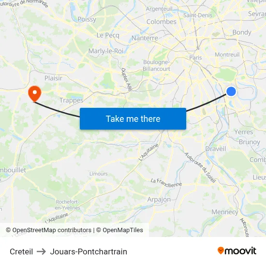 Creteil to Jouars-Pontchartrain map