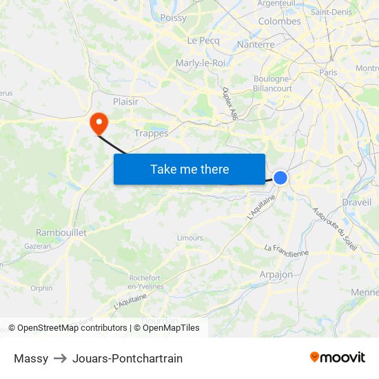 Massy to Jouars-Pontchartrain map