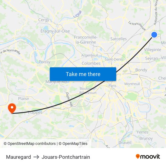 Mauregard to Jouars-Pontchartrain map