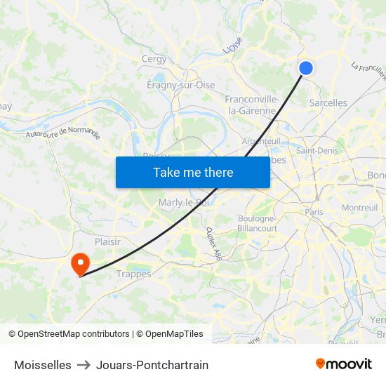 Moisselles to Jouars-Pontchartrain map