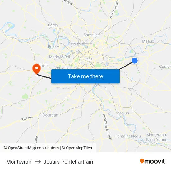 Montevrain to Jouars-Pontchartrain map