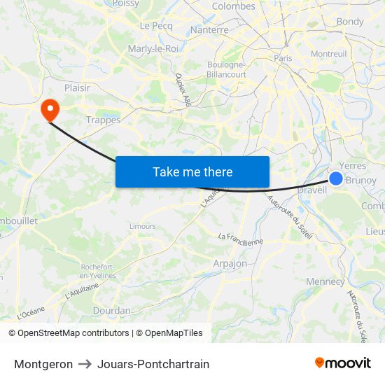 Montgeron to Jouars-Pontchartrain map