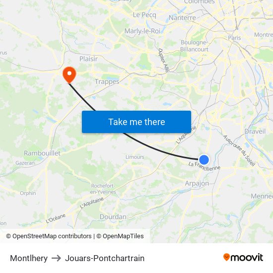 Montlhery to Jouars-Pontchartrain map
