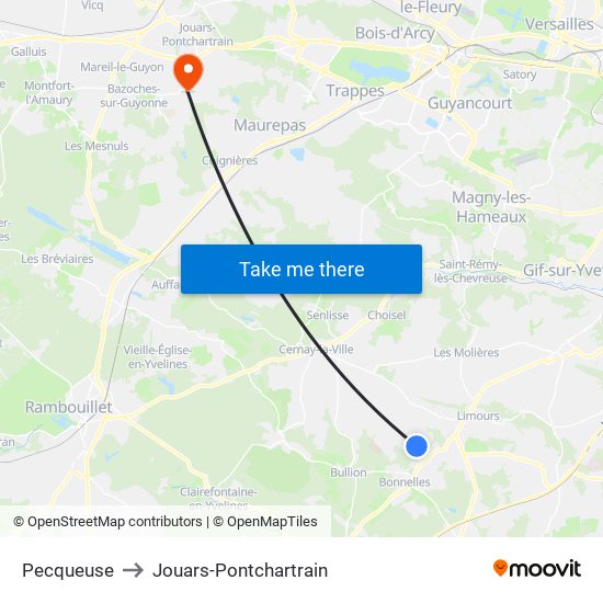 Pecqueuse to Jouars-Pontchartrain map